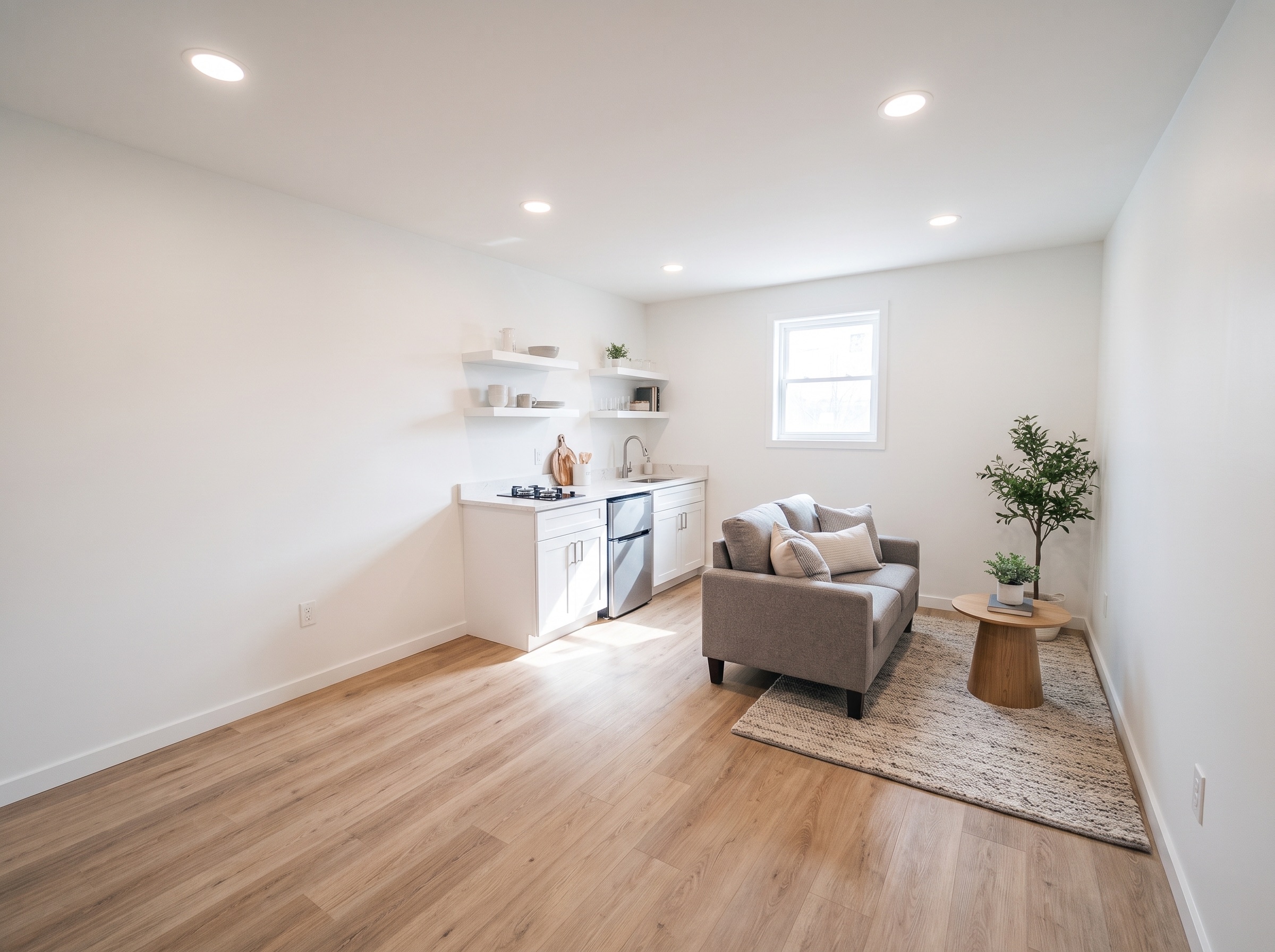 Bright finished ADU studio interior with a kitchenette